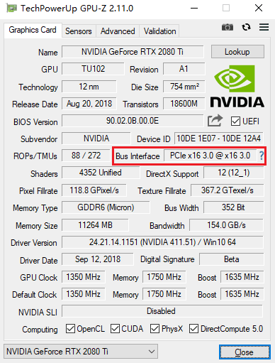 RTX 2080 Ti PCI-Eܲԣ3.0 x16ڳΪ